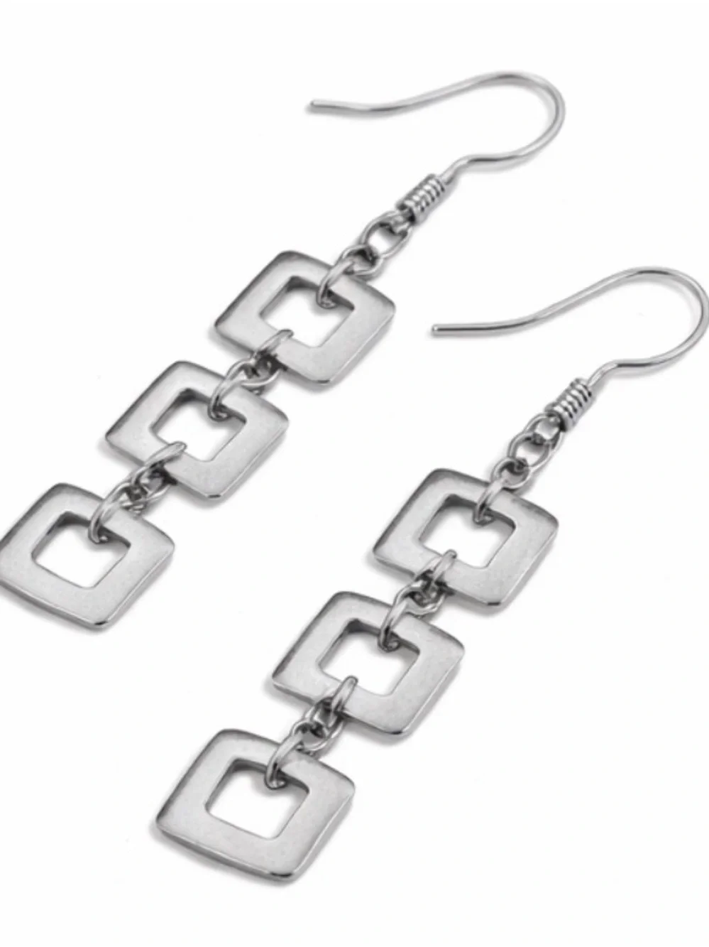 Sterling Silver 925 Geometric Square Link Dangle Earrings Minimalist - Picture 2 of 7